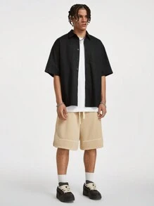 Manfinity NXTstreet Men's Solid Color Loose Short Sleeve Shirt, Suitable For Summer - Black - View 3