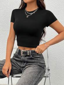 SHEIN PETITE Casual Round Neck Tight Short Sleeve T-Shirt For Women, Suitable For Summer - Apricot - View 8