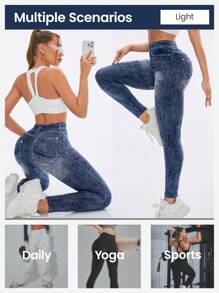 Easithlete Women's Denim Effect Printed Workout Leggings - Blue - View 3