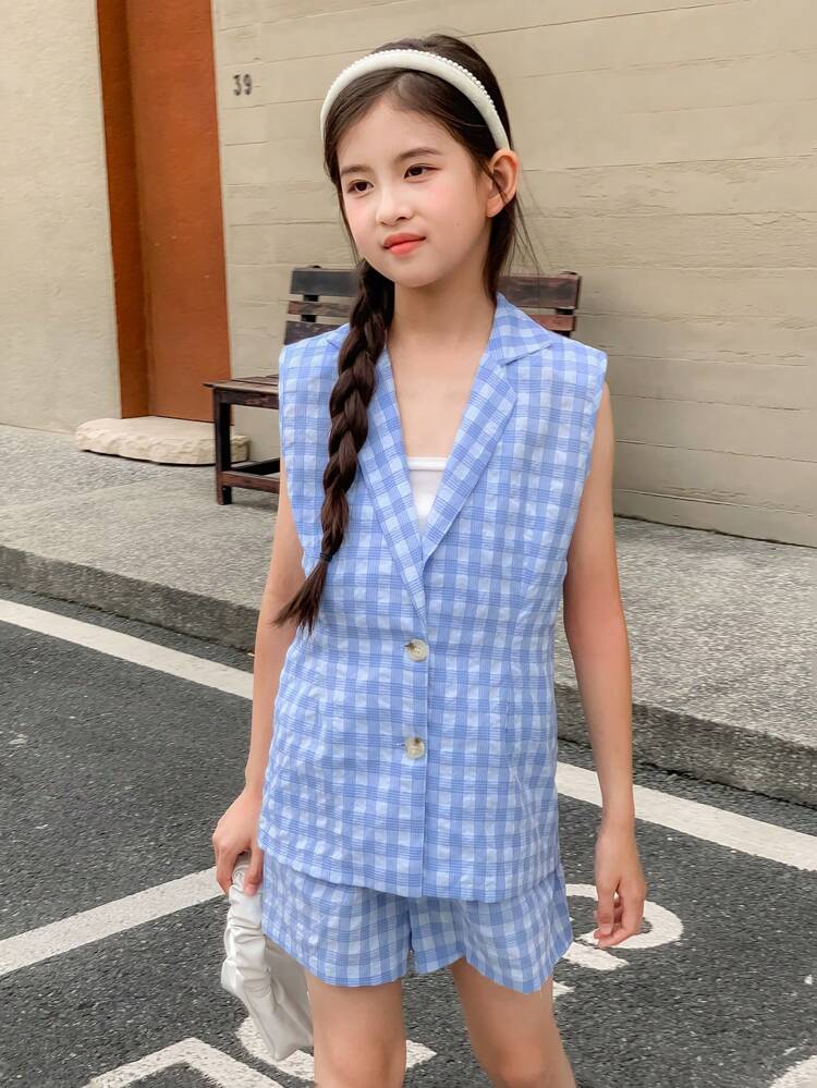 Tween Girl Fashionable Summer Plaid Two-Piece Set (Top And Shorts)