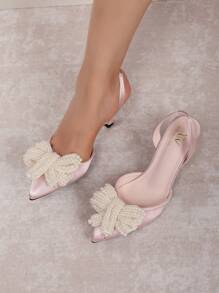 2025秋冬新款女士白色仿珍珠蝴蝶结装饰尖头细高跟凉鞋，优雅性感浅粉色情人节款，优雅女士高跟鞋，优雅派对装扮，婚礼装扮 - 淺粉色 - 查看 6