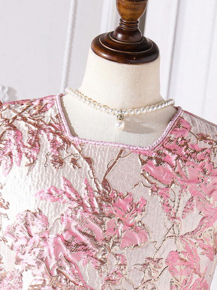 Teen Girls Elegant Pink Short Sleeve Mid-Length Party Dress For Flower Girl, Wedding, Events