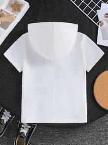 Tween男孩鬆身連帽休閒短袖T恤，百搭款式 - 白色 - 查看 6