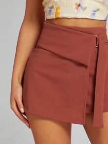 Hauture Solid Fashion High Waist O-Ring Detail Wrap Skort - Rust Brown - View 3