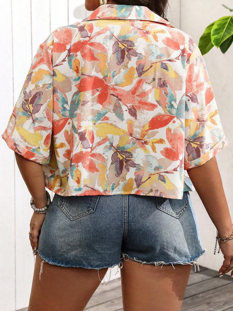 Plus Size Women's Loose Casual Shirt, Summer Vacation Plant Print Half Sleeve Top