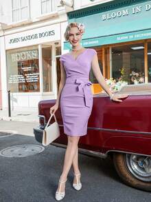 MUXXN Vintage 1950s Style Deep V-Neck Pleated Formal Dress With Belt - Lilac Purple - View 5