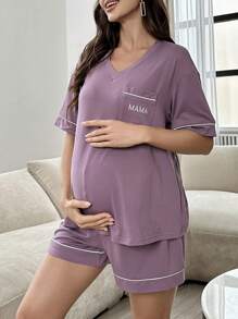 Moonlight&Mama Color Block Thin Border Pocket Letter Print Short Sleeve Shorts Maternity Homewear - Purple - View 4