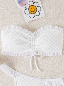 Swim Mod Women's Summer Beach Solid Color Ruffle Bandeau Bikini Set, Removable Padded Bra Cups, Special Fabric - White - View 7