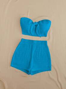 Soleia Summer Solid Texture Bandeau Top And High Waist Shorts Casual Vacation 2-Piece Set