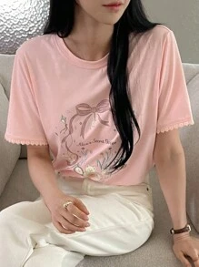 DAZY 宽松短袖女式 T 恤，印花图案，蕾丝边圆领，夏季可爱上衣，图案 T 恤 - 粉色 - 查看 3