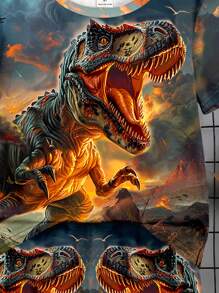 SHEIN Leap Crew In hình khủng long 3D, in hình Tyrannosaurus Rex, Bộ áo thun ngắn tay cổ tròn đơn giản và quần short cho bé trai, thích hợp cho mùa hè - Nhiều màu - Xem 4