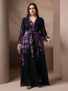 Plus Size V-Neck Floral Print Elegant Long Sleeve Dress Black Vacation Spring - Black - View 4