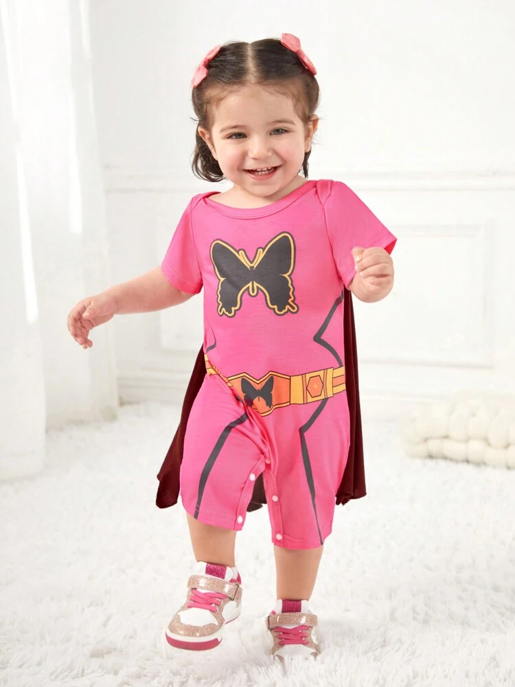 2pcs Baby Girls' Casual Cute Butterfly Printed Romper With Cape, Spring/Summer