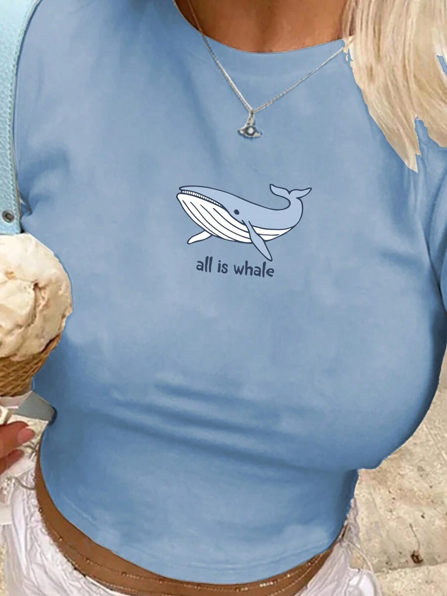 SHEIN EZwear 鯨魚字母印花圓領短袖休閒嬰兒T恤 - 藍色 - 查看 1