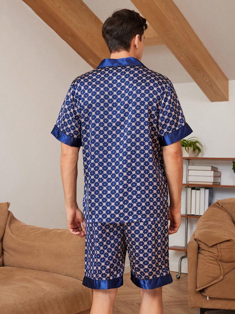 Men's Floral Print Single Breasted Short Sleeve Top And Shorts Homewear Set, Summer