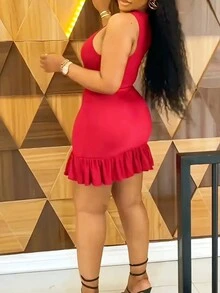 荷叶边下摆圆领修身连衣裙，优雅无袖派对连衣裙，适合春夏穿着，女士休闲服饰 - 紅色 - 查看 3