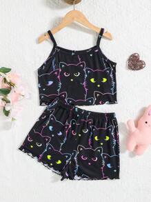 SHEIN Bộ đồ ngủ 2 mảnh in hình mèo huỳnh quang dễ thương cho bé gái tuổi teen, đồ mặc ở nhà thường ngày - màu đen - Xem 2