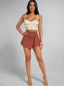 Hauture Solid Fashion High Waist O-Ring Detail Wrap Skort - Rust Brown - View 6