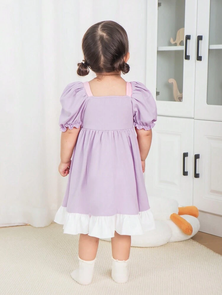 Baby Girl Summer Cute Princess Style Square Neck Puff Sleeve Colorblock Dress With Ruffle Decoration
