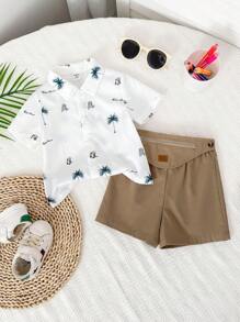 SHEIN Baby Boy Floral Patterned Short Sleeve Collared Romper With Plain Shorts And Bib Set, 3pcs