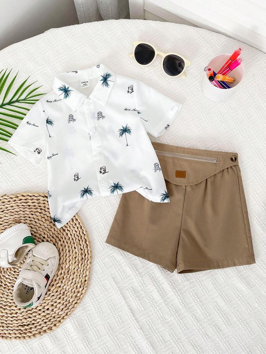 SHEIN Baby Boy Floral Patterned Short Sleeve Collared Romper With Plain Shorts And Bib Set, 3pcs