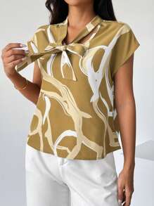 SHEIN Privé Áo voan khối màu mùa hè dành cho nữ với tay áo bồng bềnh và cổ thắt nơ - Màu Khaki - Xem 5