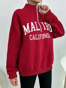 SHEIN PETITE Women's Letter Printed Zipper Half Placket Drop Shoulder Sweatshirt - Burgundy - View 3