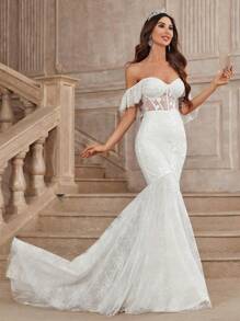 SHEIN Belle Elegant, Gorgeous And Sexy Off-Shoulder Off-Shoulder Ruffled Sleeves, Patchwork Stretch Lace Details, Paired With A Classic French Sheer Lace Top, With Herringbone Breast Cups And Matching Fishnet Tulle Lace Mermaid Dress, Suitable For Weddings, Festivals, Proms, Bachelorette Parties, Extra-Long Tail Wedding Dresses White Bridal Dress