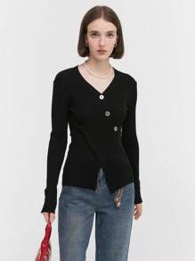 Women's Solid Color Button Up Fitted Long Sleeve Knitted Sweater,Long Sleeve Tops - Black - View 2
