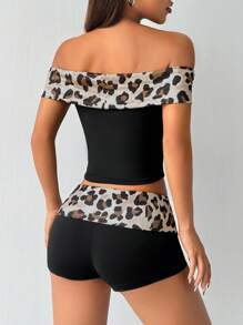 SHEIN EZwear Leopard Print Off Shoulder Fashion Music Festival Matching T-Shirt And Shorts Set - Multicolor - View 2