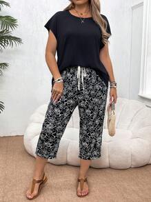SHEIN VCAY Plus Size Boho Vacation Leisure Round Neck Tee And Floral Print Pants Two Pieces Set, For Summer,Holiday Outfits