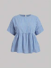 SHEIN MOD 大尺碼女性夏季格紋圓領短袖可愛公仔襯衫 - 藍白色 - 查看 1