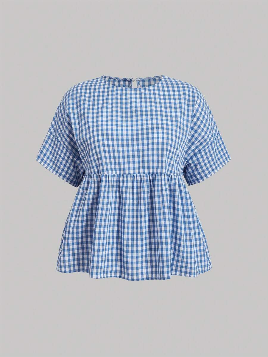 SHEIN MOD 大尺碼女性夏季格紋圓領短袖可愛公仔襯衫 - 藍白色 - 查看 1