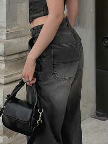 MYOURSA Casual Washed High Waist Loose Straight Leg Jeans - Black - View 2