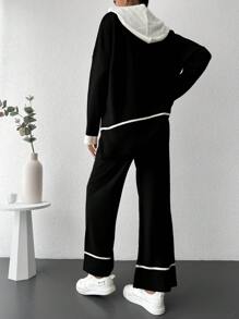 EURMUSE Women's Color Block Hooded Sweater 2-Piece Set - Black - View 2