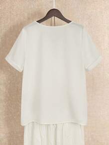 EMERY ROSE Women Summer Casual Button Decorated Short Sleeve Round Neck Shirt - White - View 2