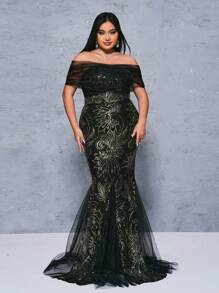seomiscky Plus Size Mesh Splice Bodycon Off Shoulder Women's Party Dress (Heavy Style) - Black - View 1