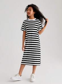 SHEIN Tween Girl Spring/Summer Striped Knit Round Neck Slit Casual Dress - Black and White - View 1