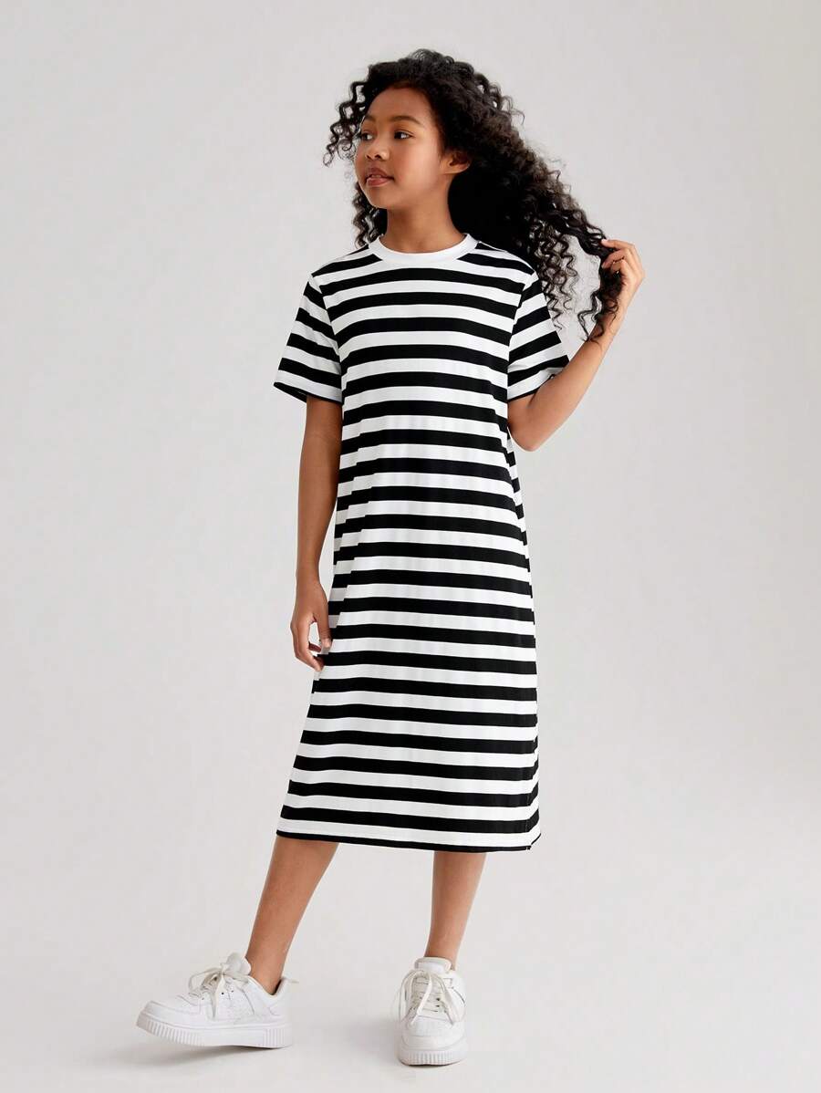 SHEIN Tween Girl Spring/Summer Striped Knit Round Neck Slit Casual Dress - Black and White - View 1
