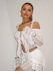 SHEIN BAE 浪漫白色蕾絲上衣，波浪邊設計帶有蕾絲裝飾和喇叭袖，適合夏季海灘假期和約會夜晚，適合日常穿著和外出，多功能短款女士襯衫適合音樂節，音樂會和表演 - 白色 - 查看 5