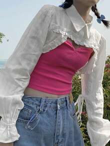 Gyaru Fashion Solid Color Elegant Long Sleeve Women Blouse (Inner Top Not Included) - White - View 3