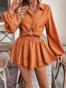 Breezaya Ladies' Vacation Style Solid Color Lantern Sleeve Shirt And Shorts Two Pieces Set - Orange - View 3