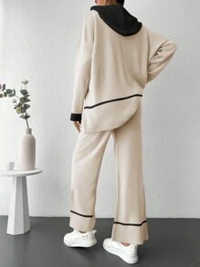RueChic Contrast Trim Drop Shoulder Drawstring Hooded Sweater & Knit Pants - Beige - View 2