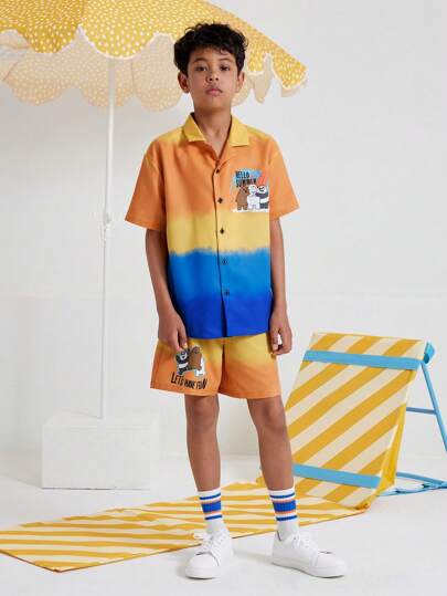 We Bare Bears X SHEIN Tween Boy Yellow-Blue-Orange Gradient Leisure Cartoon Bear Print Shirt & Shorts Set