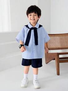 SHEIN 3pcs Young Boy Korean Style Striped Shirt With Shawl Collar & Short Sleeves And Solid Color Shorts Casual Outfits