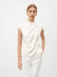 SHEIN BIZwear Camisa elegante de verano para mujer con cuello de soporte, mangas cortas plisadas y un unicolor