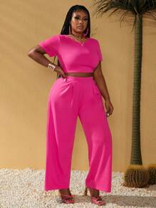 Maweii Große Größen Set aus einfarbigem Rundhals-Kurzarm-T-Shirt und langen Hosen für den Sommer, lässig, zweiteilig