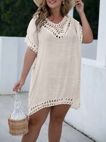Swim Vcay Plus Size Open Stitch Cover Up Dress Summer - Apricot - View 6