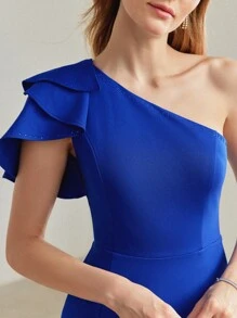 MOTF PREMIUM ONE SHOULDER FLUTTER SLEEVE SLIM FIT COCKTAIL DRESS - Blue - View 3