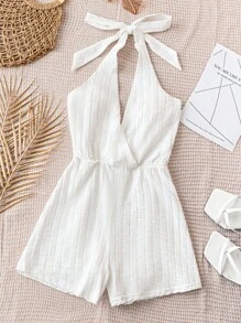 Soleia WYWH Women's Vacation Style White Textured V-Neck Front, Criss-Cross Back Bow Romper, Versatile Beach/Music Festival Summer Outfit, Bohemian